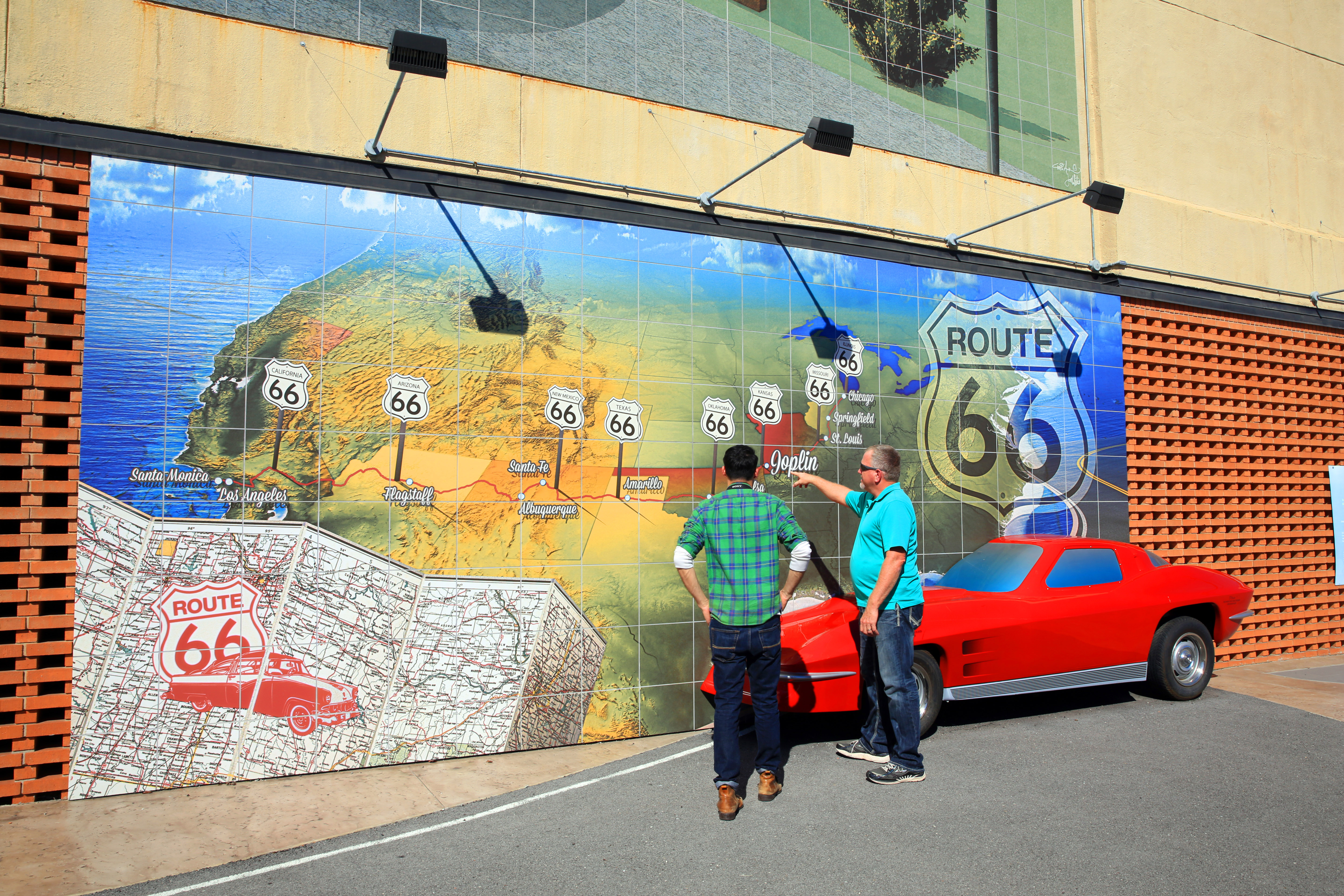 Admiring a Route 66 mural in Joplin, Missouri