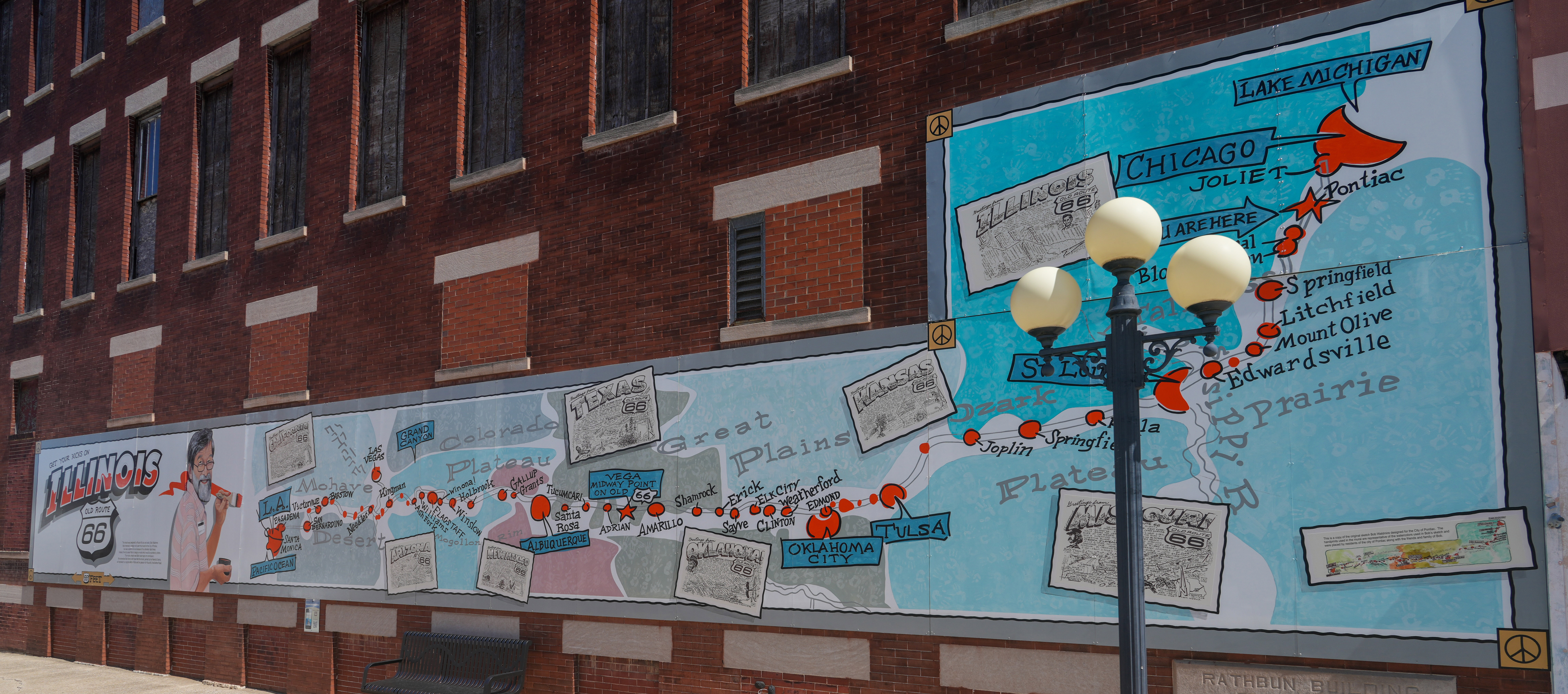 Colorful mural depicting a map of Route 66 in Pontiac, Illinois