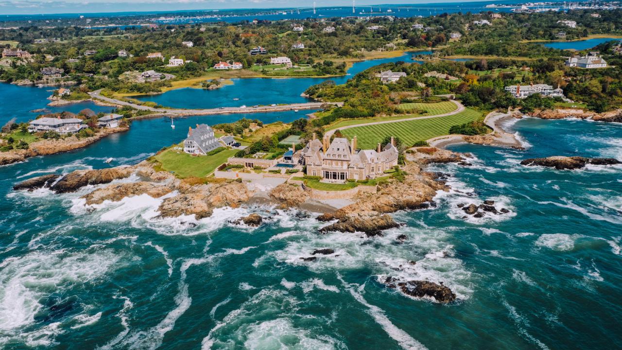 Aerial view of a waterfront estate in Newport, Rhode Island