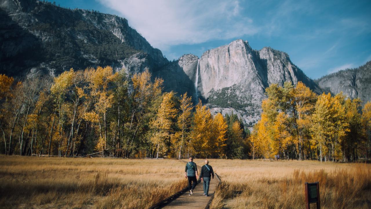 Walking along Berg Bridge in Yosemite National Park, California