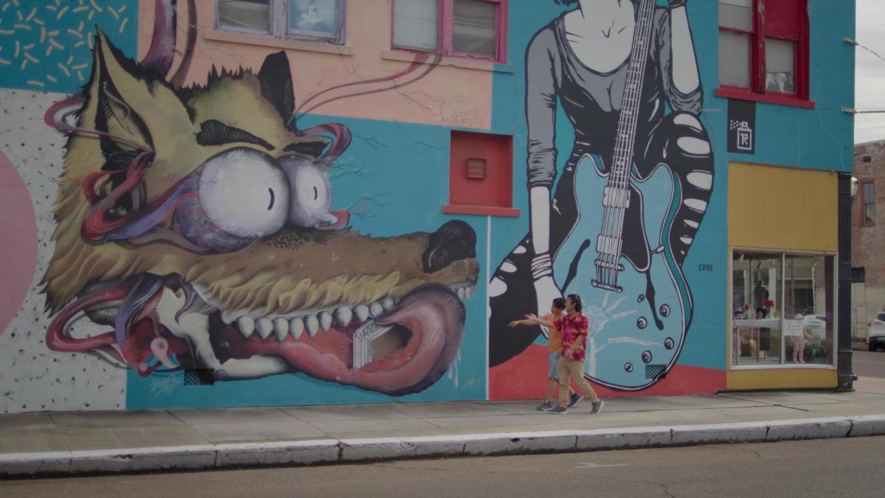 Checking out mural art in Clarksdale, Mississippi