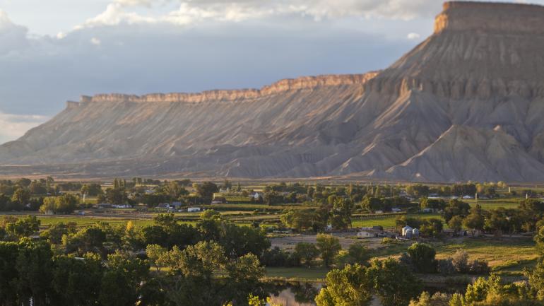 Take in views of the Book Cliff Mountains from High Country Orchards and Vineyards in Palisade, Colorado. Take in views of the Book Cliff Mountains from High Country Orchards and Vineyards in Palisade, Colorado.