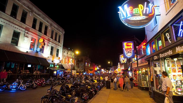 Beale Street lights at night in Memphis, Tennessee Beale Street lights at night in Memphis, Tennessee