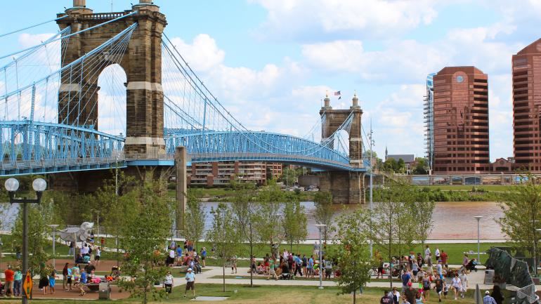 Roebling Bridge over the Ohio River in Cincinnati, Ohio Roebling Bridge over the Ohio River in Cincinnati, Ohio