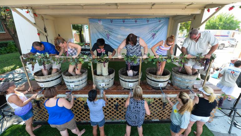 GrapeFest attendees kick off their shoes and compete to make their own juice at the GrapeStomp event in Grapevine GrapeFest attendees kick off their shoes and compete to make their own juice at the GrapeStomp event in Grapevine