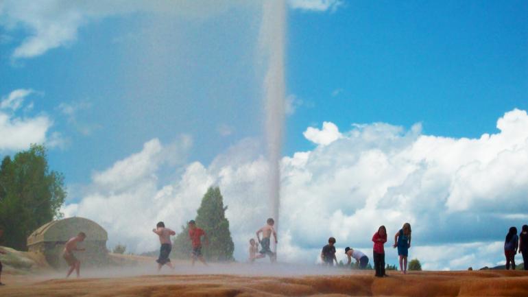 Kids play in soda geyser Kids play in soda geyser