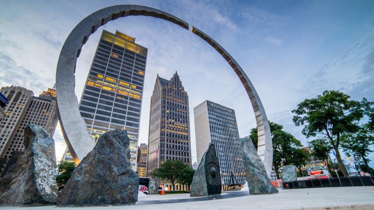 Public art installation "Transcending" at Hart Plaza in Detroit, Michigan Public art installation "Transcending" at Hart Plaza in Detroit, Michigan