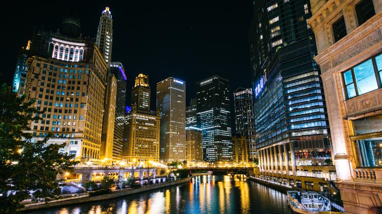 City lights over a river in Chicago, Illinois City lights over a river in Chicago, Illinois