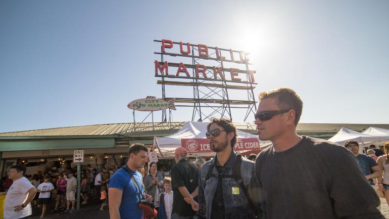 Outside the shops at Pike Place Market in downtown Seattle, Washington Outside the shops at Pike Place Market in downtown Seattle, Washington