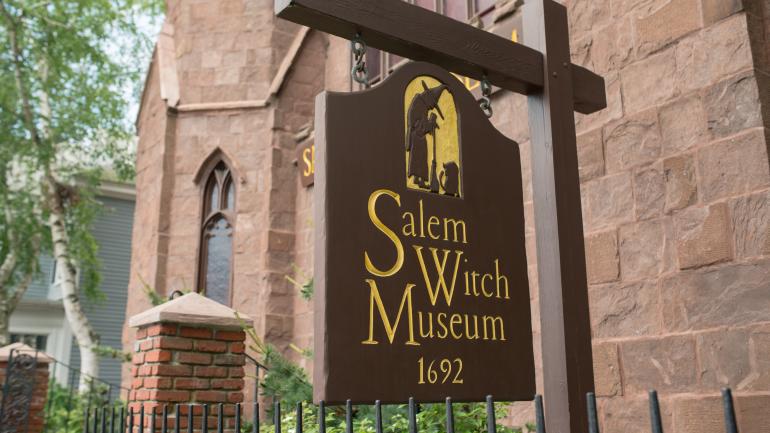 Entry sign to the Salem Witch Museum in Salem, Massachusetts Entry sign to the Salem Witch Museum in Salem, Massachusetts