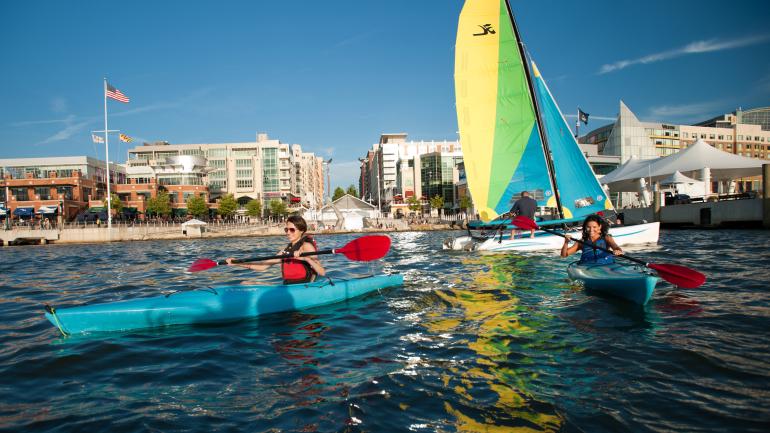 Sail or kayak right in the National Harbor for a water-side view of Washington D.C. Sail or kayak right in the National Harbor for a water-side view of Washington D.C.