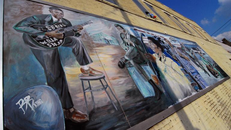 A mural in Greenville, Mississippi, pays tribute to the area’s blues heritage A mural in Greenville, Mississippi, pays tribute to the area’s blues heritage