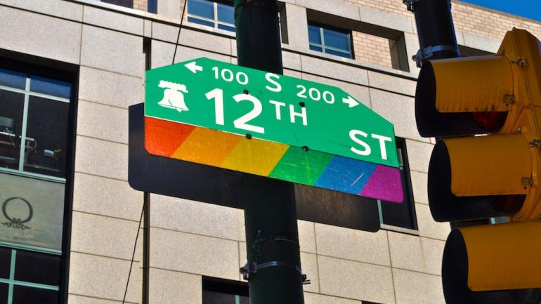 Rainbow-colored flags line the streets of Philadelphia’s Gayborhood with pride. Rainbow-colored flags line the streets of Philadelphia’s Gayborhood with pride.