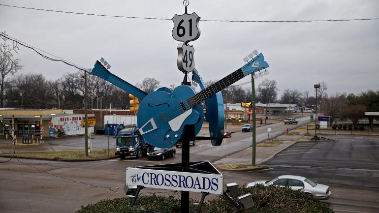 In an intersection in Clarksdale, Mississippi, the spot where legend says Robert Johnson sold his soul to the devil to play the blues guitar In an intersection in Clarksdale, Mississippi, the spot where legend says Robert Johnson sold his soul to the devil to play the blues guitar