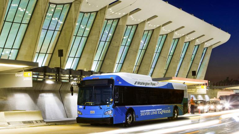 The Dulles Silver Line Express Bus ready to shuttle visitors around the area The Dulles Silver Line Express Bus ready to shuttle visitors around the area