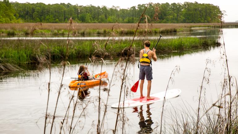 Planche à rame et excursion en kayak sur le Pascagoula River Basin sur la côte du golfe dans le Mississippi Planche à rame et excursion en kayak sur le Pascagoula River Basin sur la côte du golfe dans le Mississippi