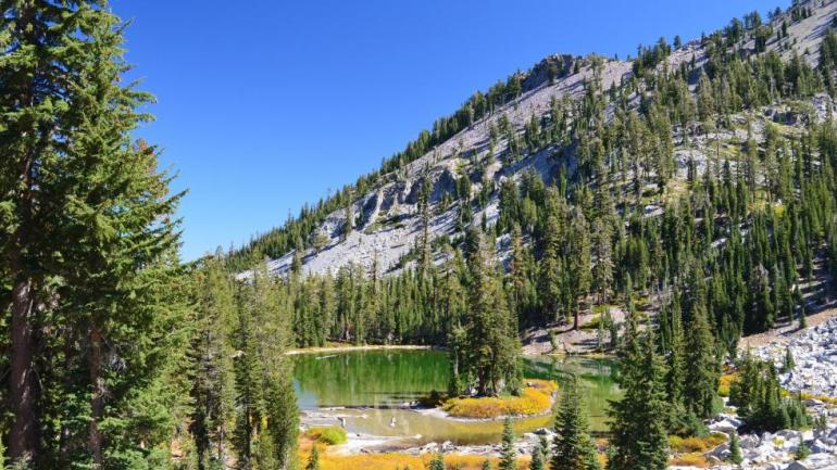 The Pacific Crest Trail cuts through Lassen Volcanic National Park, in northeastern California. Spiny fir trees and clear mountain lakes contrast with the desert landscape seen at the start of the movie "Wild." The Pacific Crest Trail cuts through Lassen Volcanic National Park, in northeastern California. Spiny fir trees and clear mountain lakes contrast with the desert landscape seen at the start of the movie "Wild."