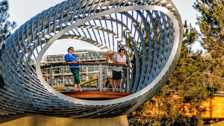 Though small, Tongva Park impresses with its unique art and architecture. Though small, Tongva Park impresses with its unique art and architecture.