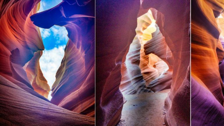 The striated rock of the Antelope Canyon glows in pastel hues. The striated rock of the Antelope Canyon glows in pastel hues.