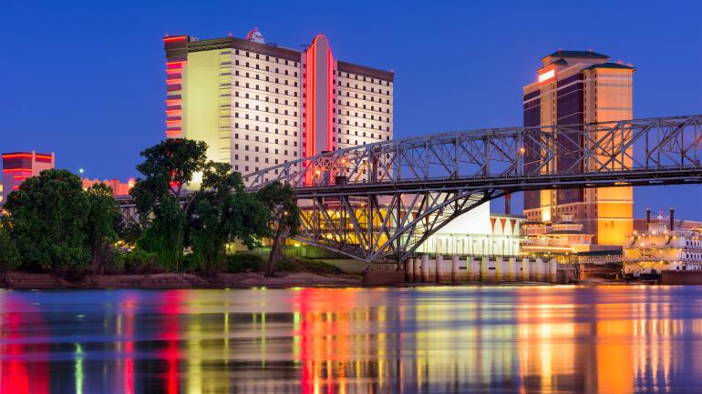 Mega resorts line the Red River in Shreveport, Louisiana Mega resorts line the Red River in Shreveport, Louisiana