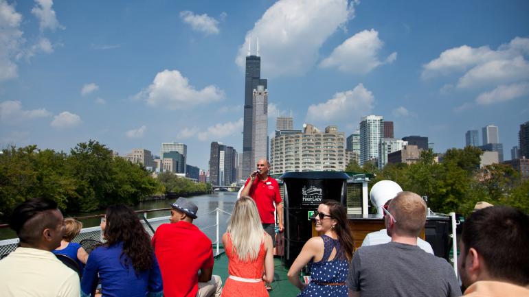 Docents lead the way aboard a Chicago Architecture Foundation River Cruise Docents lead the way aboard a Chicago Architecture Foundation River Cruise
