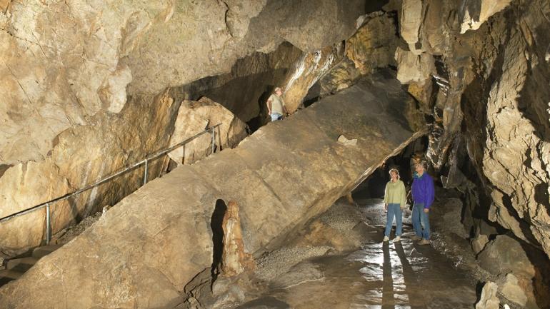 Exploring underground chambers at Crystal Cave Exploring underground chambers at Crystal Cave
