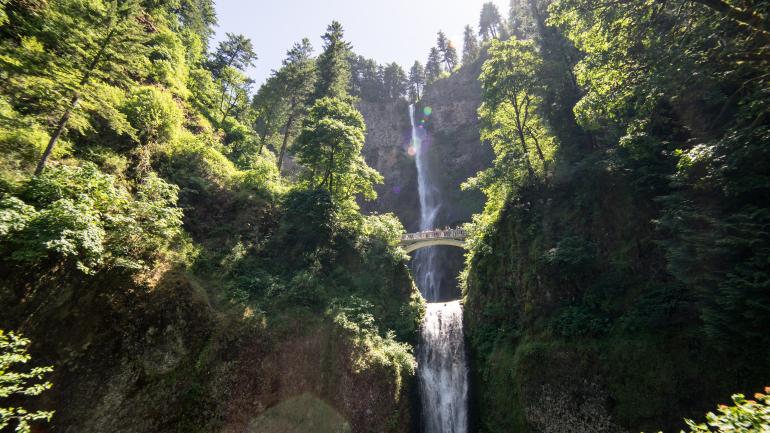 Group tour over Multnomah Falls in Columbia Gorge, Oregon Group tour over Multnomah Falls in Columbia Gorge, Oregon
