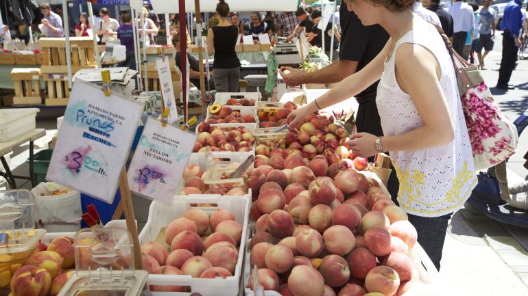 At the Ferry Building Farmers Market at the Embarcadero, shop for fresh produce or stay for a meal. At the Ferry Building Farmers Market at the Embarcadero, shop for fresh produce or stay for a meal.