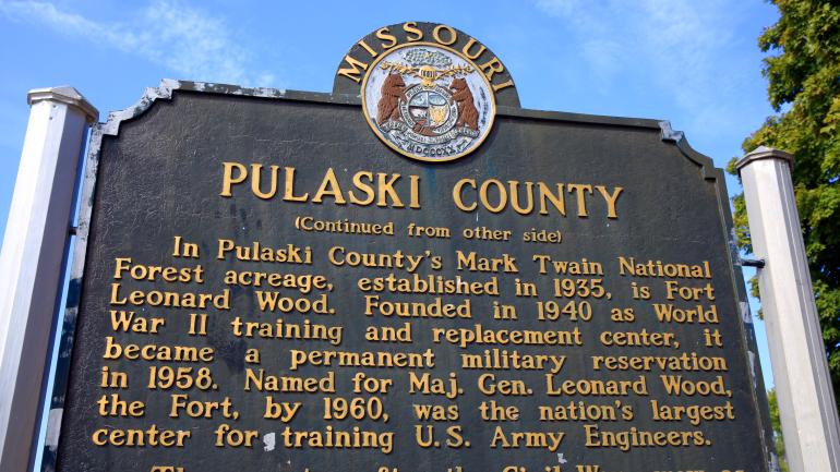 Pulaski County sign in downtown Waynesville, Missouri Pulaski County sign in downtown Waynesville, Missouri