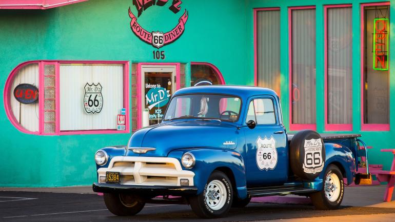 A Route 66-themed 1952 Chevrolet truck outside Mr. D’z Route 66 Diner A Route 66-themed 1952 Chevrolet truck outside Mr. D’z Route 66 Diner