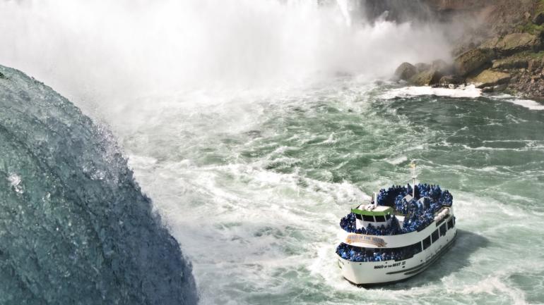 A bird's-eye view of the iconic Maid of the Mist boat A bird's-eye view of the iconic Maid of the Mist boat