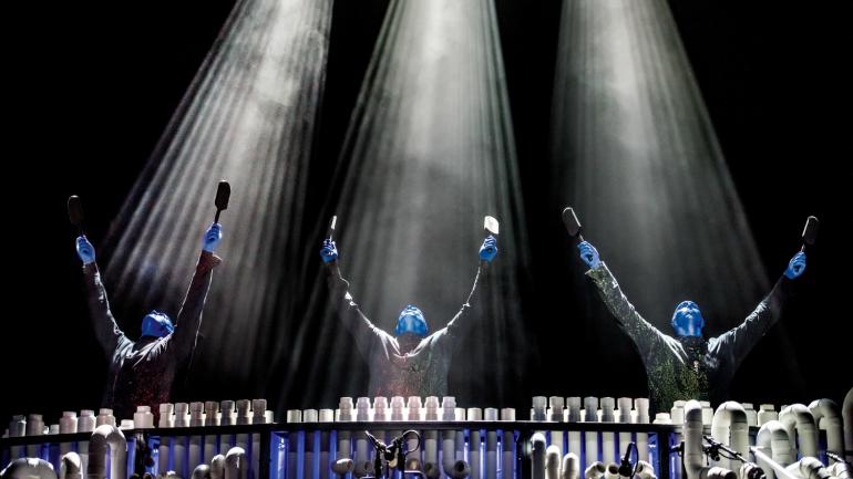 The “Blue Men” mid-performance in Chicago The “Blue Men” mid-performance in Chicago
