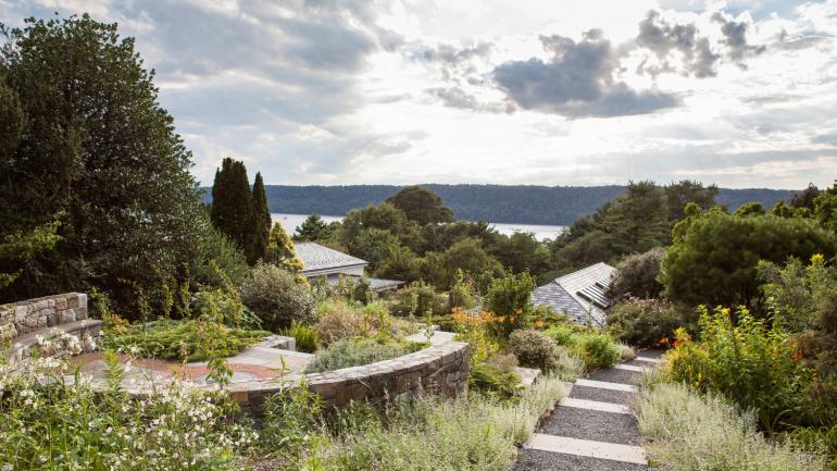 Scenic view of gardens and the Hudson River at Wave Hill Scenic view of gardens and the Hudson River at Wave Hill