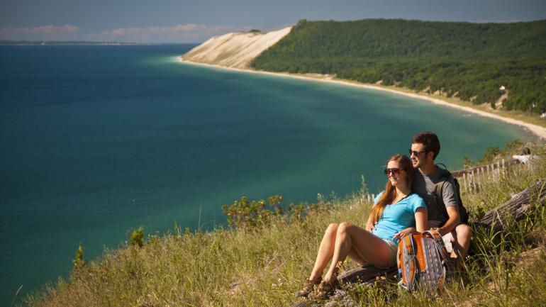 Take in the expansive views of Lake Michigan during a hike in Sleeping Bear Dunes National Lakeshore. Take in the expansive views of Lake Michigan during a hike in Sleeping Bear Dunes National Lakeshore.