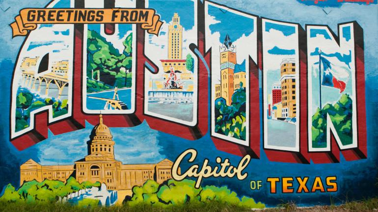 Greetings from an Austin mural in the city Greetings from an Austin mural in the city