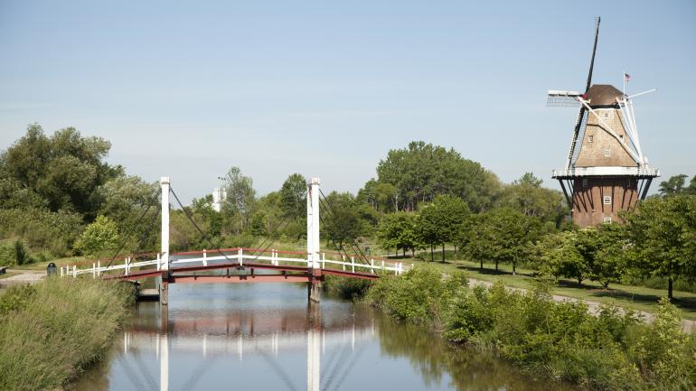 Un puente y un molino en funcionamiento de 250 años de antigüedad en Windmill Island Gardens Un puente y un molino en funcionamiento de 250 años de antigüedad en Windmill Island Gardens