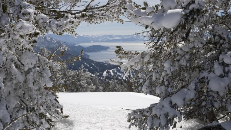 From a mountaintop in winter, a view of Lake Tahoe From a mountaintop in winter, a view of Lake Tahoe