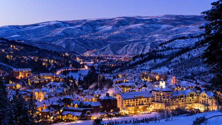 Beaver Creek ski runs and the village illuminated at dusk in Colorado Beaver Creek ski runs and the village illuminated at dusk in Colorado
