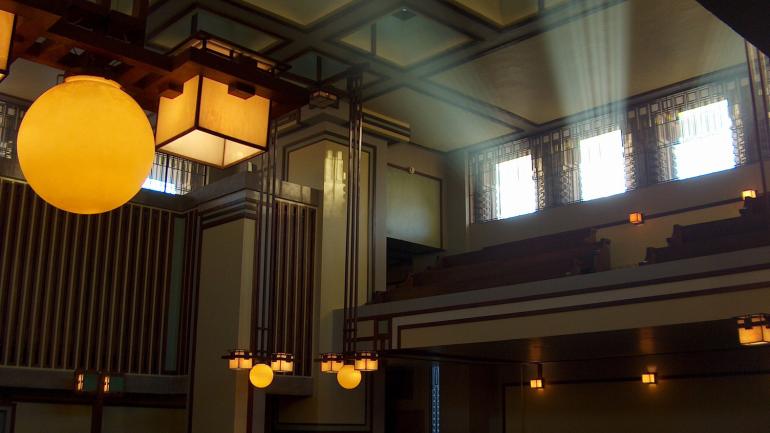 A peek inside Unity Temple, built in the early 1900s and just a three-block walk from The Frank Lloyd Wright Home and Studio A peek inside Unity Temple, built in the early 1900s and just a three-block walk from The Frank Lloyd Wright Home and Studio