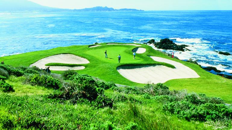 Striking views of Pebble Beach golfers and Carmel Bay Striking views of Pebble Beach golfers and Carmel Bay