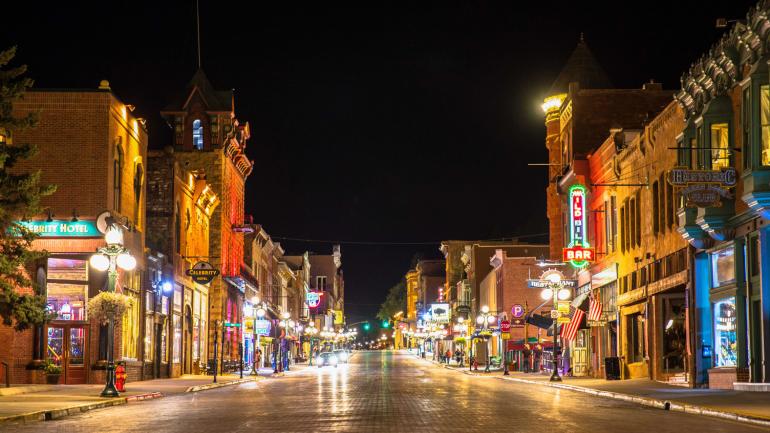 Night view of Main Street in the historic city of Deadwood in the Black Hills of South Dakota Night view of Main Street in the historic city of Deadwood in the Black Hills of South Dakota