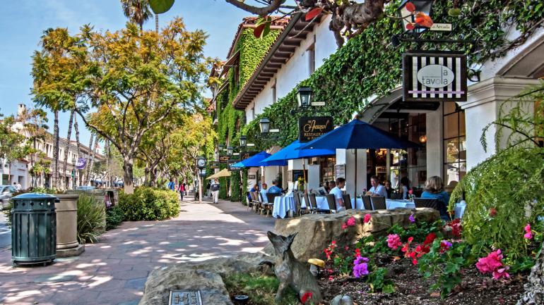 Shops lining picturesque and historic State Street in downtown Santa Barbara Shops lining picturesque and historic State Street in downtown Santa Barbara