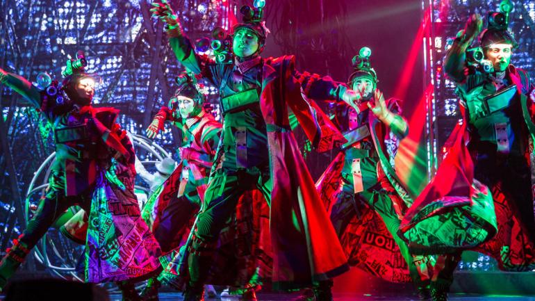 Mephisto, a malevolent media machine, makes his first appearance in “Leave Me Alone/Tabloid Junkie/Too Bad” with the Tabloid Junkies, his dance corps and guards. Mephisto, a malevolent media machine, makes his first appearance in “Leave Me Alone/Tabloid Junkie/Too Bad” with the Tabloid Junkies, his dance corps and guards.