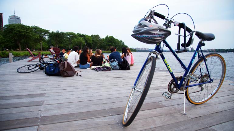 Cycling break on the Charles River Esplanade Cycling break on the Charles River Esplanade