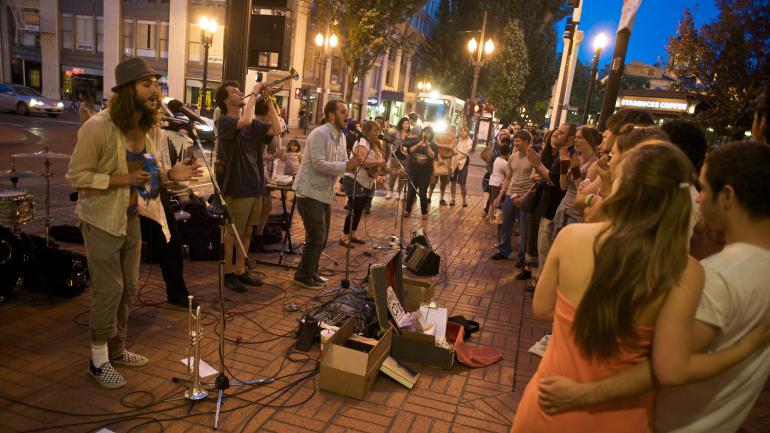 All the Apparatus band giving a signature street performance in downtown Portland, Oregon All the Apparatus band giving a signature street performance in downtown Portland, Oregon