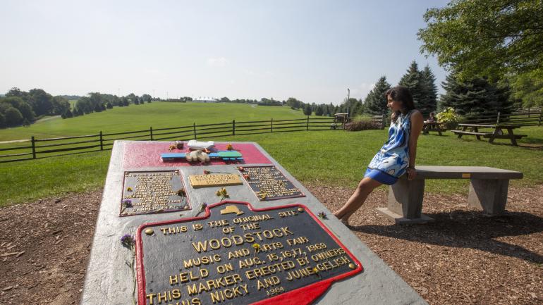 A plaque commemorating the site of the 1969 Woodstock Music Festival in Bethel, New York A plaque commemorating the site of the 1969 Woodstock Music Festival in Bethel, New York