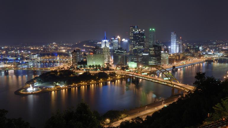 The Pittsburgh skyline aglow at night The Pittsburgh skyline aglow at night