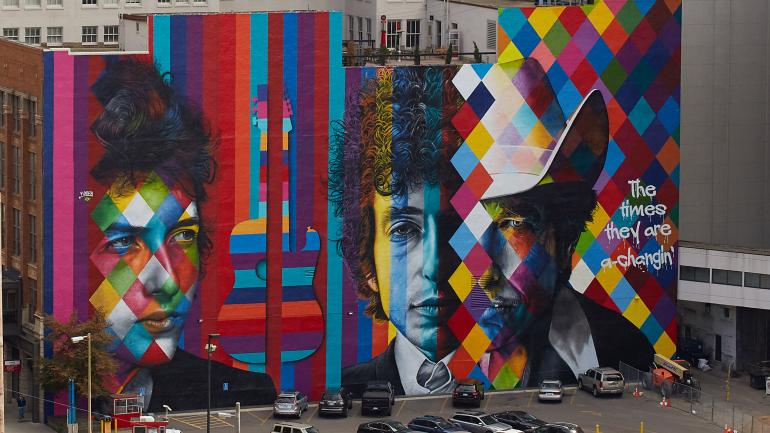 Mural of Minnesota native Bob Dylan at Fifth and Hennepin in Minneapolis, Minnesota Mural of Minnesota native Bob Dylan at Fifth and Hennepin in Minneapolis, Minnesota