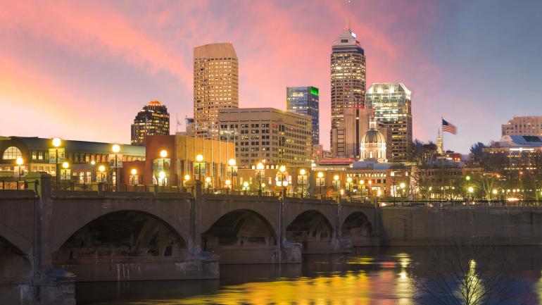 At twilight, the White River and the skyline of Indianapolis At twilight, the White River and the skyline of Indianapolis
