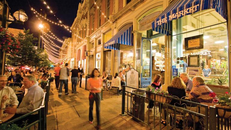 Strolling past Larimer Square's shops and patio dining options Strolling past Larimer Square's shops and patio dining options